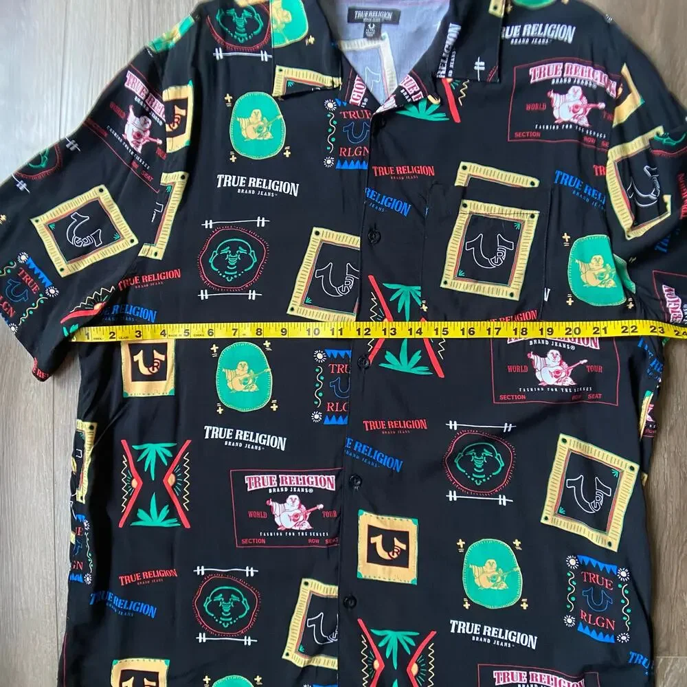 True Religion Resort Print Camp Collar Button Up Shirt Black